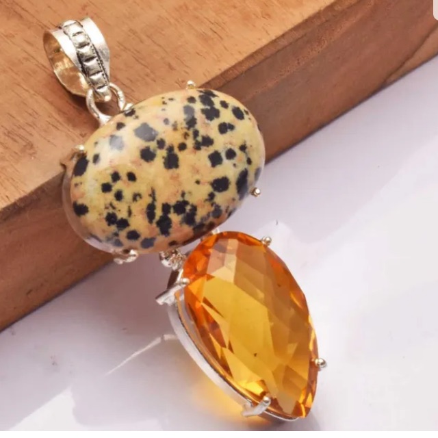 Citrine & Dalmation Jasper Handcrafted Pendant 2.8” 9.25 Sterling Silver
